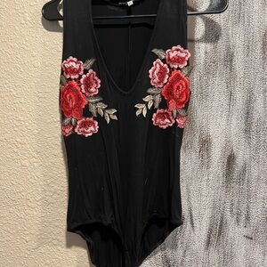 Floral Embroidered Black Bodysuit